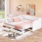 Wooden Extendable Sofa Bed, Daybed with Trundle and 2 Storage Drawers
