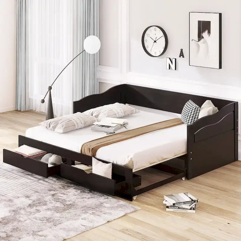 Wooden Extendable Sofa Bed, Daybed with Trundle and 2 Storage Drawers