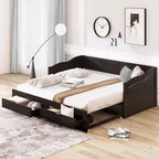 Wooden Extendable Sofa Bed, Daybed with Trundle and 2 Storage Drawers