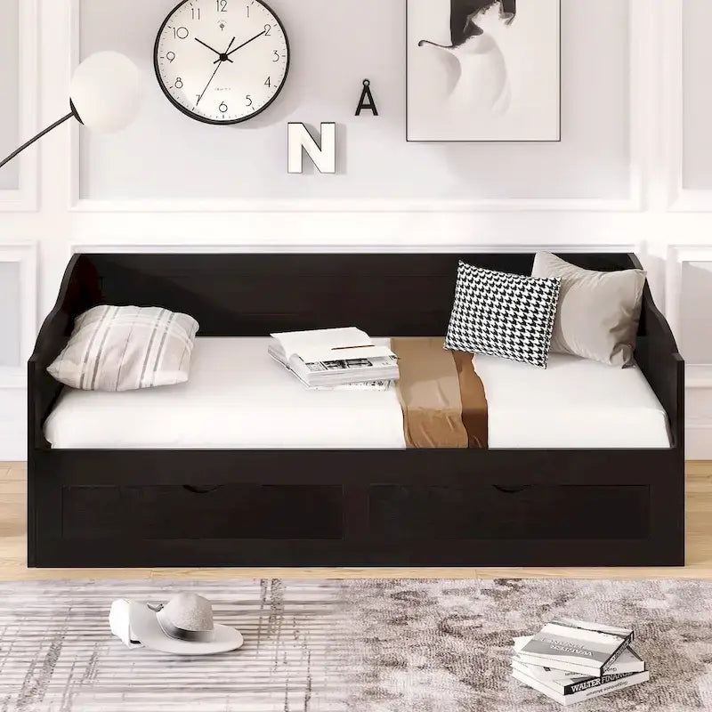 Wooden Extendable Sofa Bed, Daybed with Trundle and 2 Storage Drawers