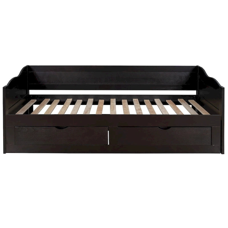 Wooden Extendable Sofa Bed, Daybed with Trundle and 2 Storage Drawers