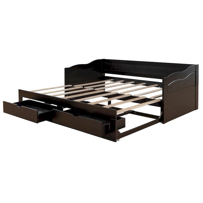 Wooden Extendable Sofa Bed, Daybed with Trundle and 2 Storage Drawers