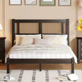 Wooden Platform Bed with Natural Rattan Headboard