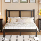 Wooden Platform Bed with Natural Rattan Headboard