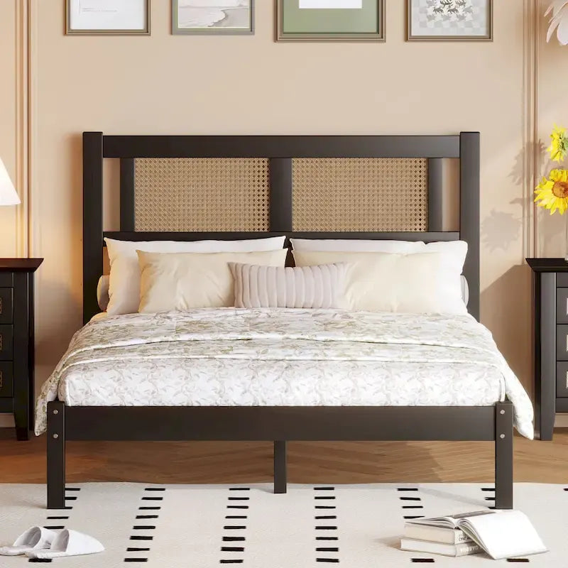 Wooden Platform Bed with Natural Rattan Headboard