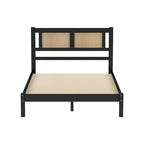 Wooden Platform Bed with Natural Rattan Headboard