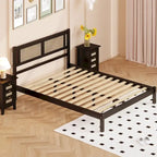 Wooden Platform Bed with Natural Rattan Headboard