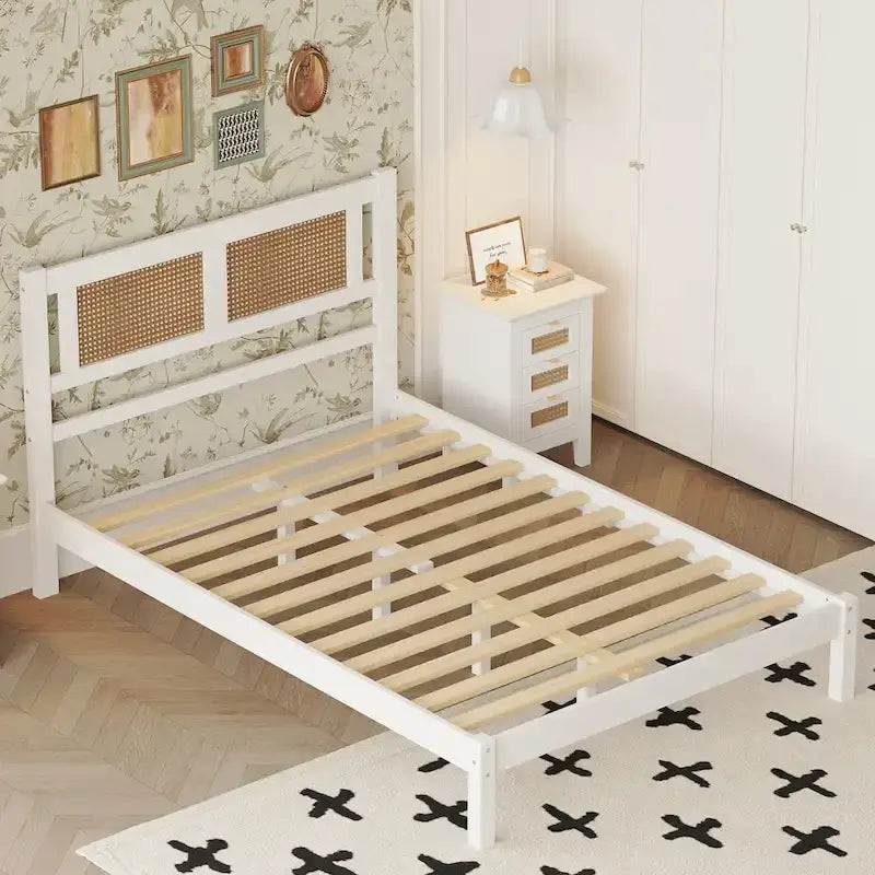 Wooden Platform Bed with Natural Rattan Headboard