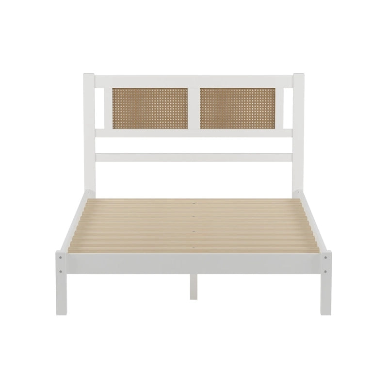 Wooden Platform Bed with Natural Rattan Headboard