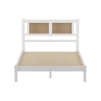 Wooden Platform Bed with Natural Rattan Headboard