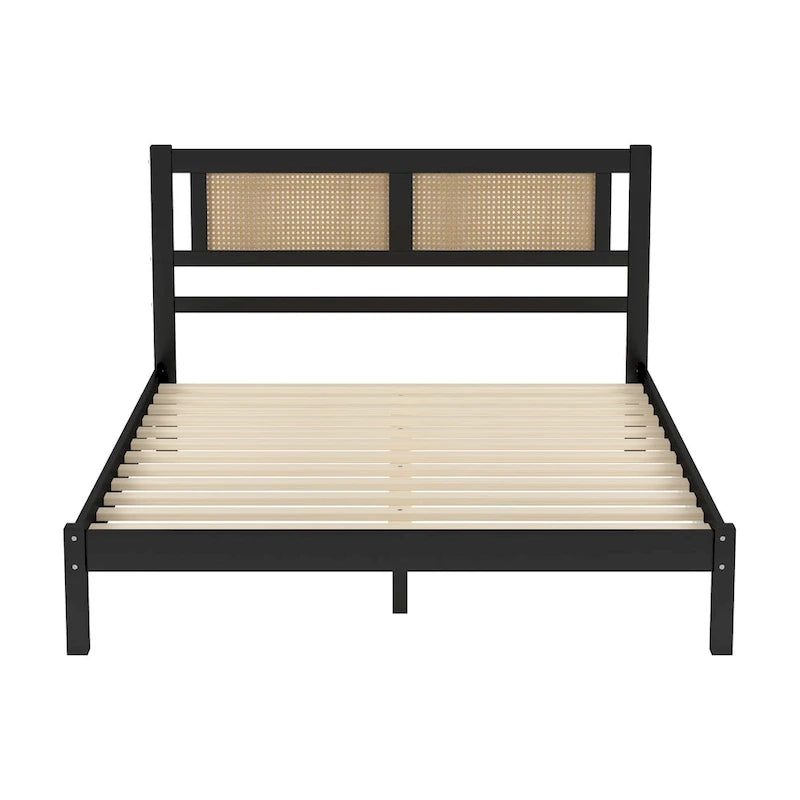 Wooden Platform Bed with Natural Rattan Headboard
