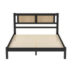 Wooden Platform Bed with Natural Rattan Headboard