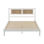 Wooden Platform Bed with Natural Rattan Headboard