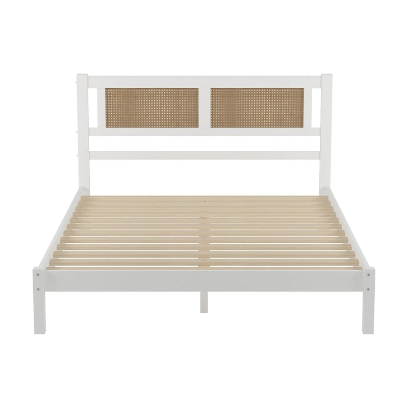 Wooden Platform Bed with Natural Rattan Headboard
