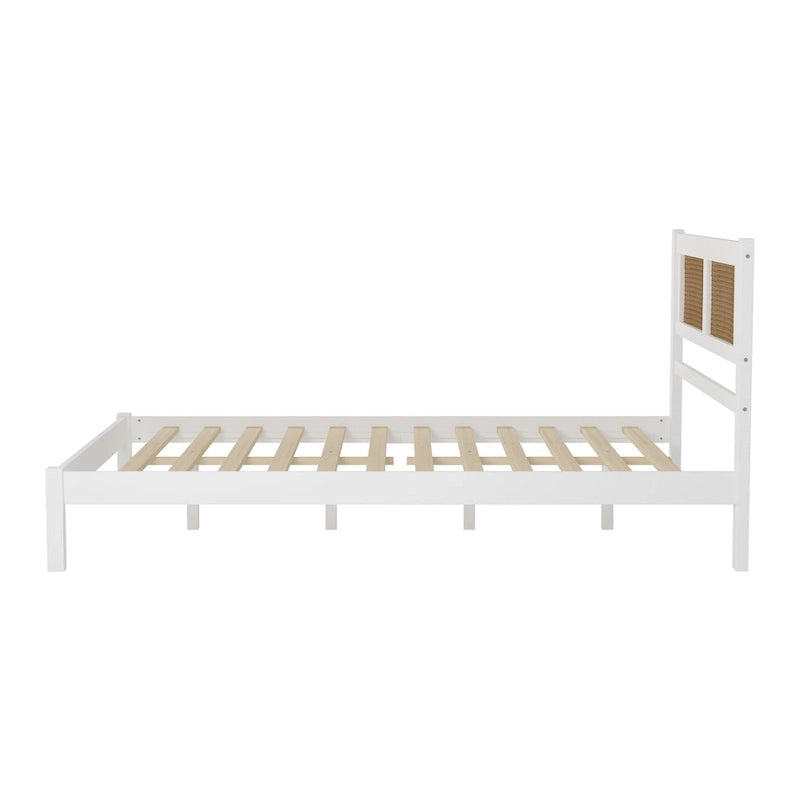 Wooden Platform Bed with Natural Rattan Headboard