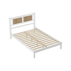 Wooden Platform Bed with Natural Rattan Headboard