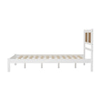 Wooden Platform Bed with Natural Rattan Headboard