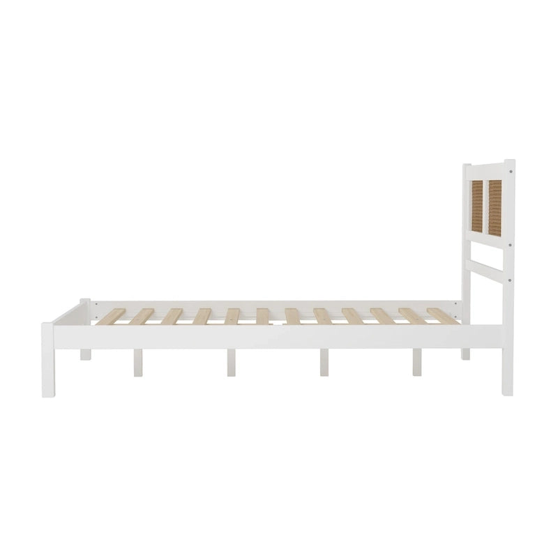 Wooden Platform Bed with Natural Rattan Headboard