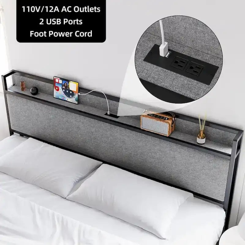 King Size Bed Frame with Storage Headboard and Charging Station