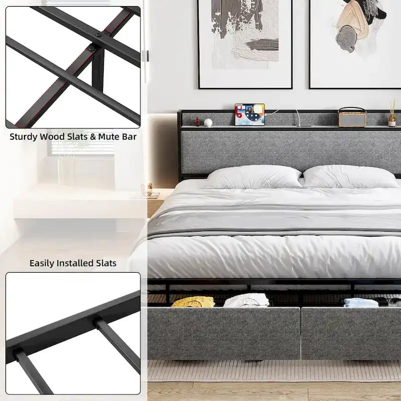 King Size Bed Frame with Storage Headboard and Charging Station