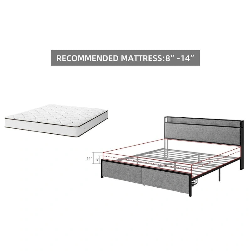 King Size Bed Frame with Storage Headboard and Charging Station