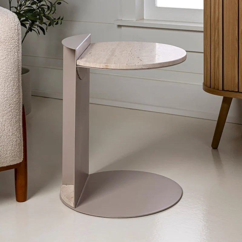 Javier 20 Contemporary Natural Marble/Metal Handmade C-Shaped End Table, Beige/Pink Beige, by JONATHAN Y.