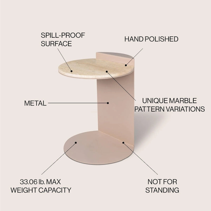 Javier 20 Contemporary Natural Marble/Metal Handmade C-Shaped End Table, Beige/Pink Beige, by JONATHAN Y.