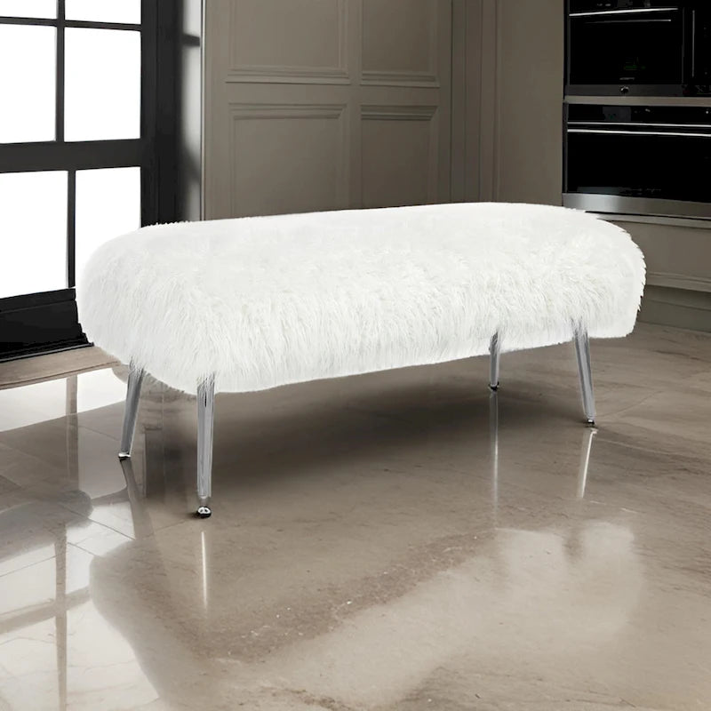 Ammy 45 Inch Bench with Foam Fill Seat, White Faux Fur, Silver Metal Legs