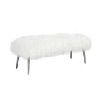 Ammy 45 Inch Bench with Foam Fill Seat, White Faux Fur, Silver Metal Legs
