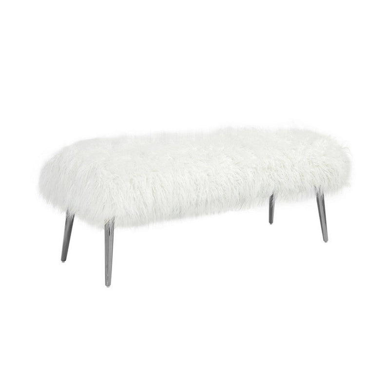 Ammy 45 Inch Bench with Foam Fill Seat, White Faux Fur, Silver Metal Legs