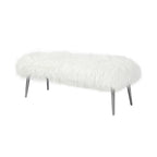 Ammy 45 Inch Bench with Foam Fill Seat, White Faux Fur, Silver Metal Legs