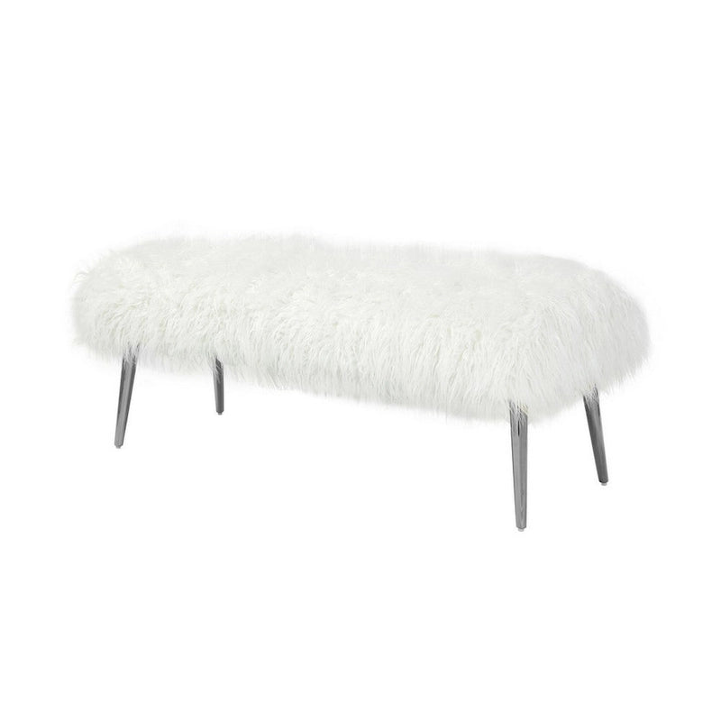 Ammy 45 Inch Bench with Foam Fill Seat, White Faux Fur, Silver Metal Legs