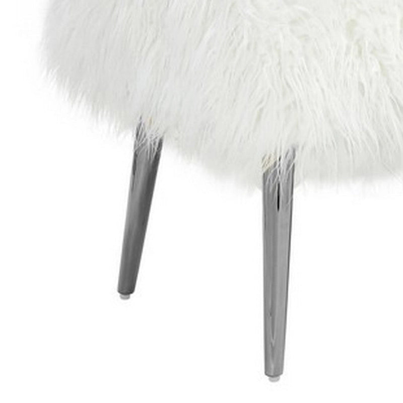 Ammy 45 Inch Bench with Foam Fill Seat, White Faux Fur, Silver Metal Legs