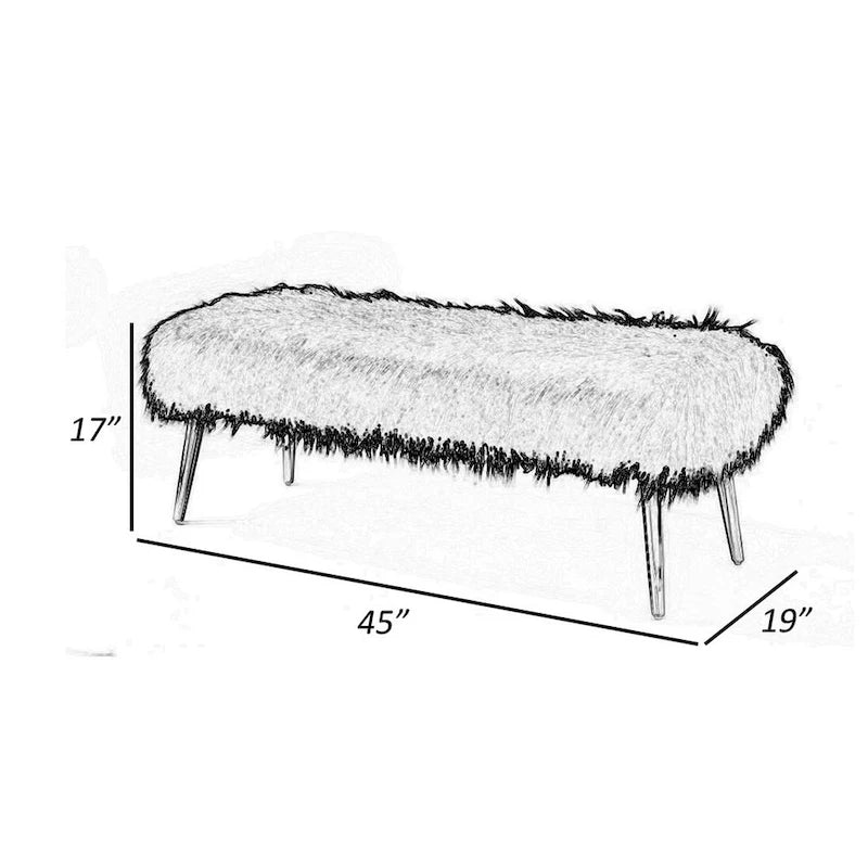 Ammy 45 Inch Bench with Foam Fill Seat, White Faux Fur, Silver Metal Legs