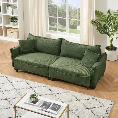 2345 Green Corduroy Fabric, Sofa Can Be Converted Into A Sofa Bed with Two Throw Pillows