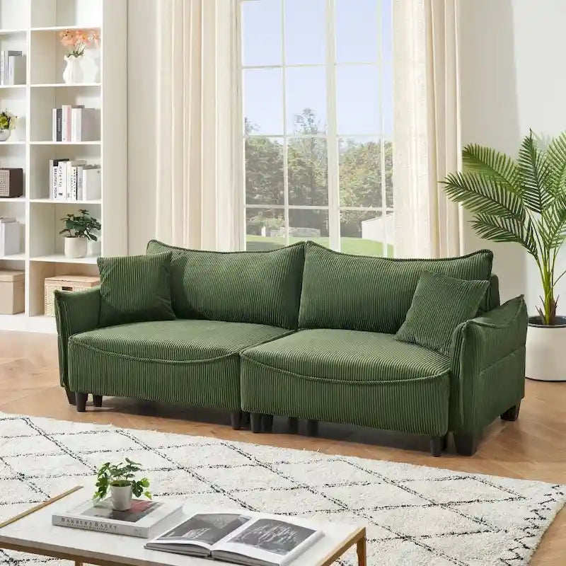 2345 Green Corduroy Fabric, Sofa Can Be Converted Into A Sofa Bed with Two Throw Pillows