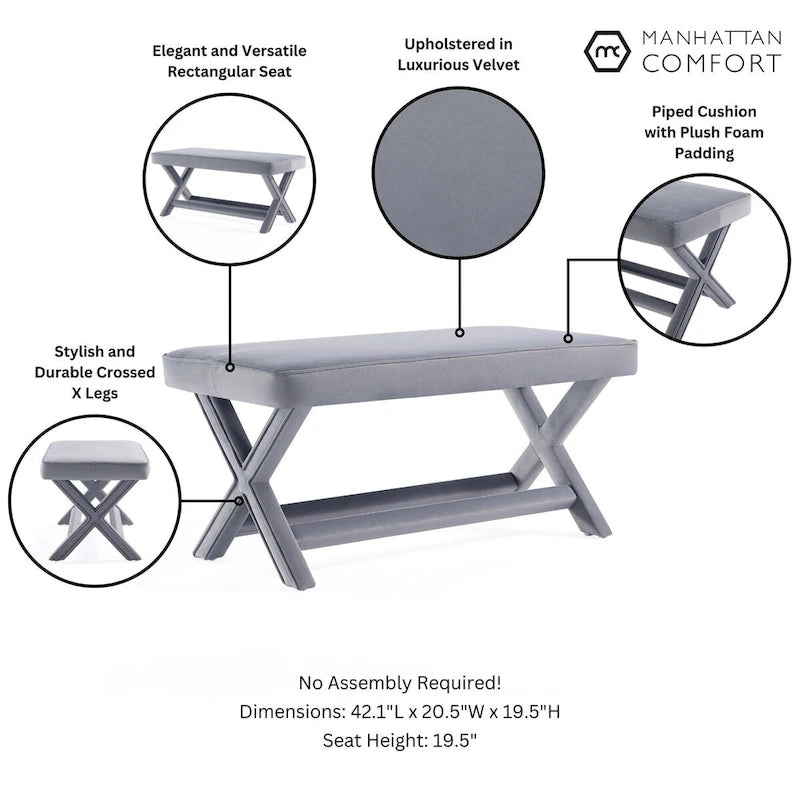 Manhattan Comfort Abigail Mid-Century Modern Velvet Upholstered Bench