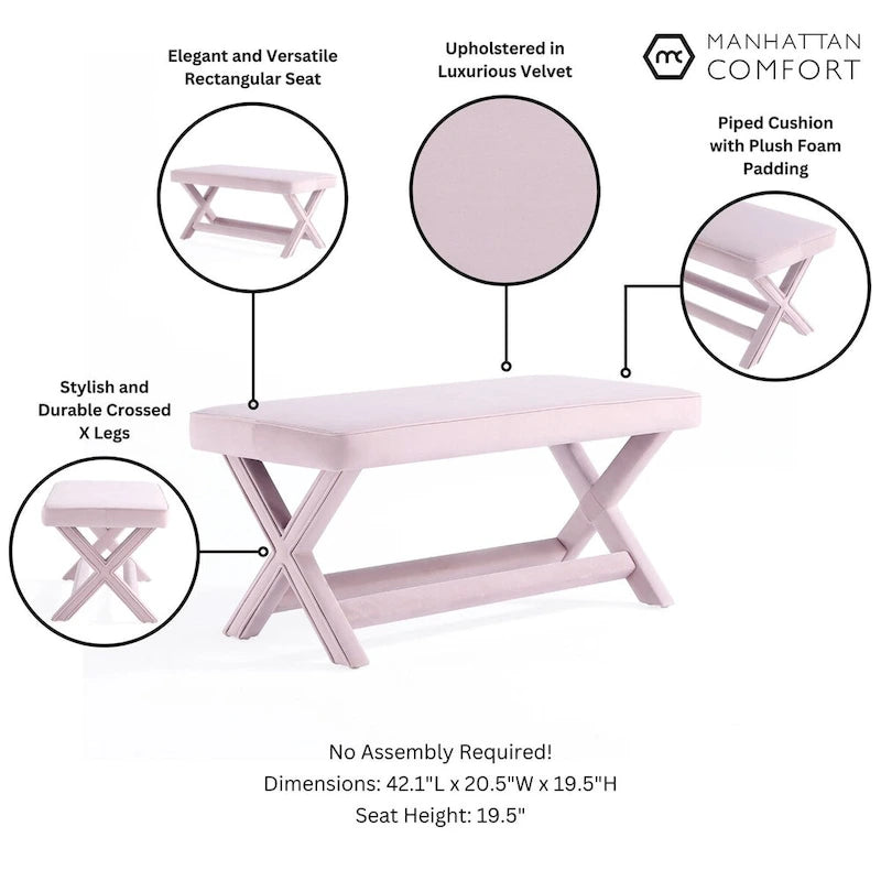 Manhattan Comfort Abigail Mid-Century Modern Velvet Upholstered Bench