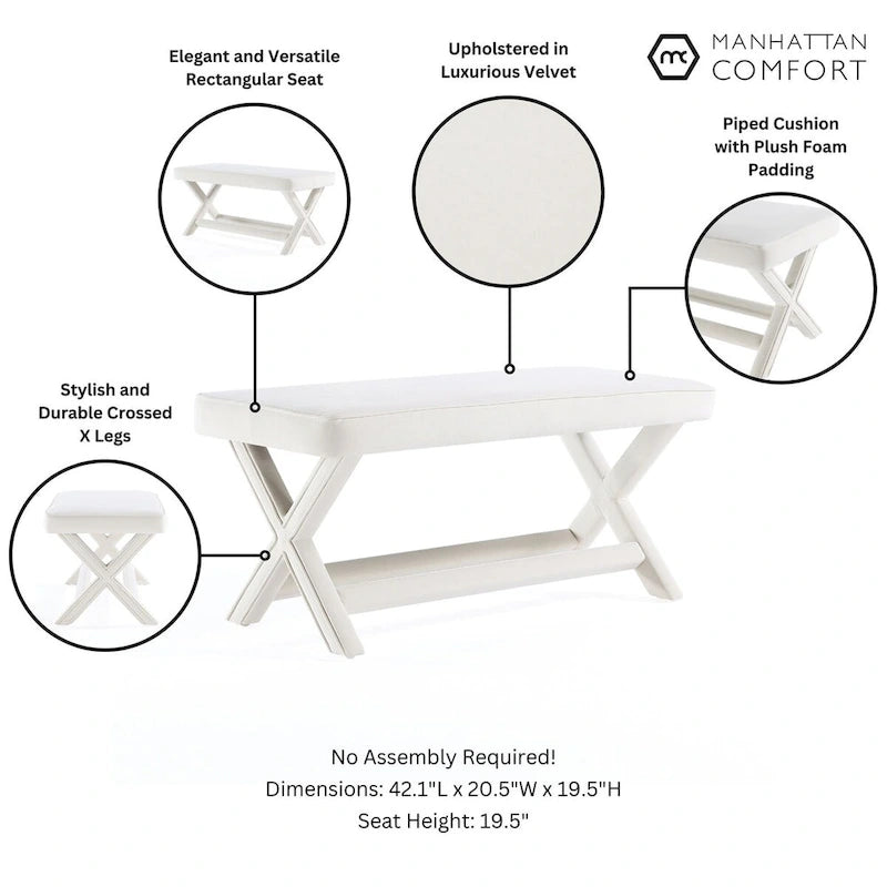 Manhattan Comfort Abigail Mid-Century Modern Velvet Upholstered Bench
