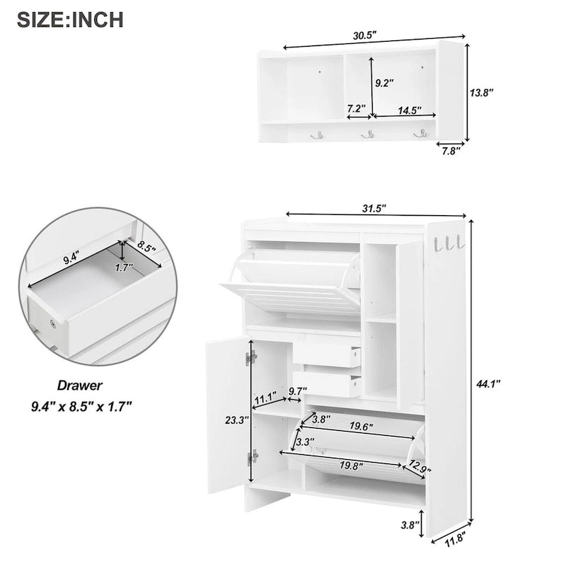 Shoe Cabinet with Wall Cabinet, Space-saving Design Foyer Cabinet with 2 Flip Drawers, Versatile Side Cabinet for Hallway, White