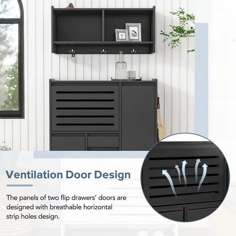 Shoe Cabinet with Wall Cabinet, Space-saving Design Foyer Cabinet with 2 Flip Drawers, Versatile Side Cabinet for Hallway, White