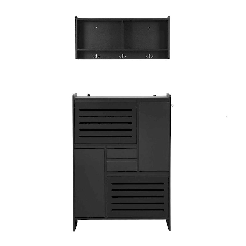Shoe Cabinet with Wall Cabinet, Space-saving Design Foyer Cabinet with 2 Flip Drawers, Versatile Side Cabinet for Hallway, White
