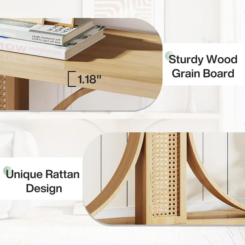 55 Inches Rattan Console Table, Farmhouse Hallway Table Entryway Table