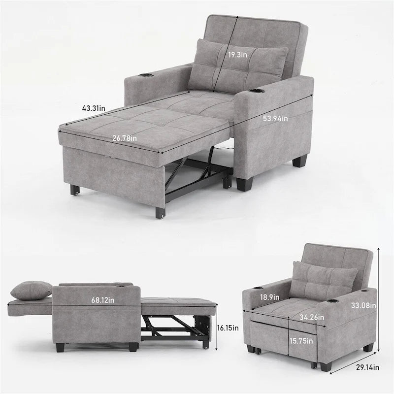 3-in-1 Pull Out Futon Convertible Chair with USB Ports