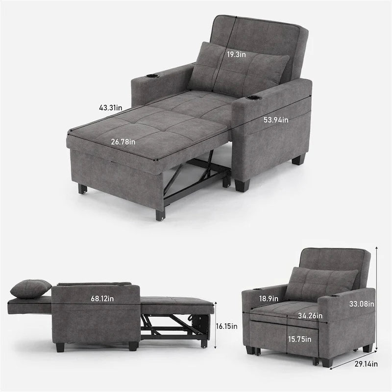 3-in-1 Pull Out Futon Convertible Chair with USB Ports
