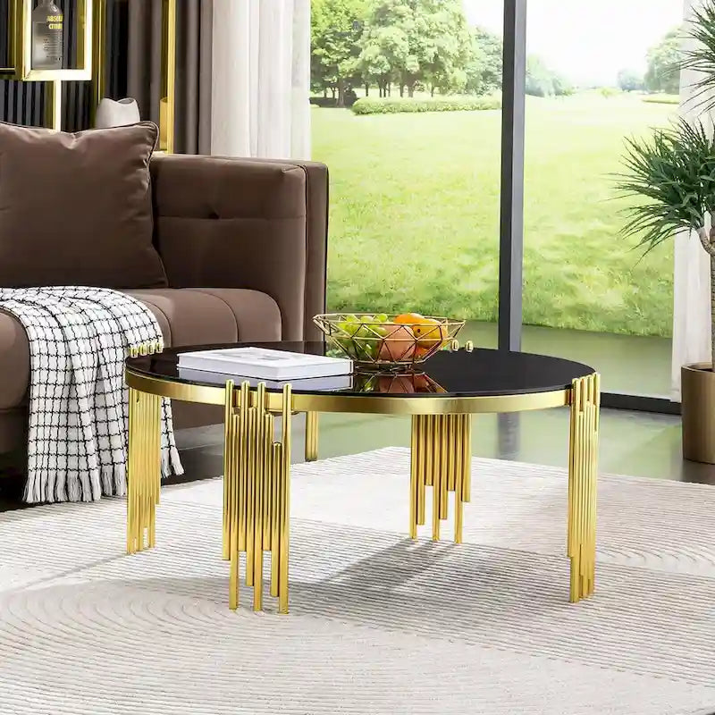 Modern 36 Round Coffee Table with Tempered Glass Top and Polished Chime-Shaped Legs