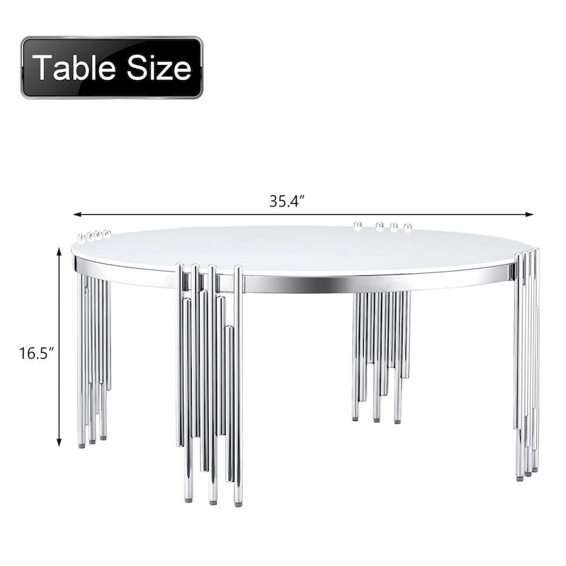 Modern 36 Round Coffee Table with Tempered Glass Top and Polished Chime-Shaped Legs