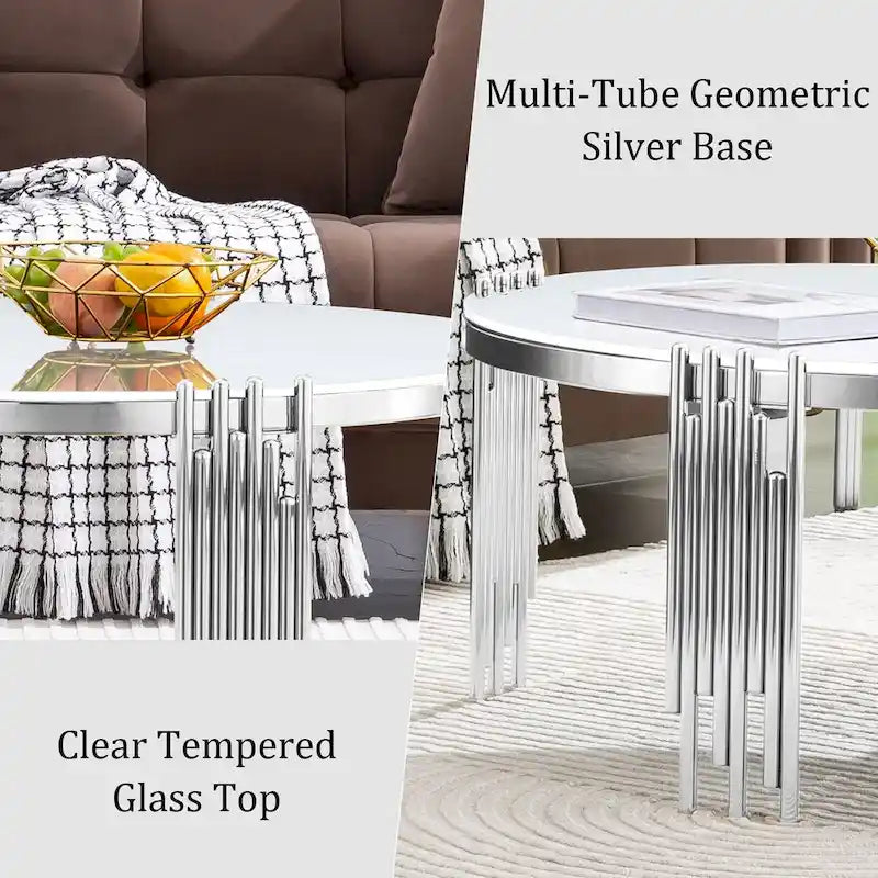 Modern 36 Round Coffee Table with Tempered Glass Top and Polished Chime-Shaped Legs