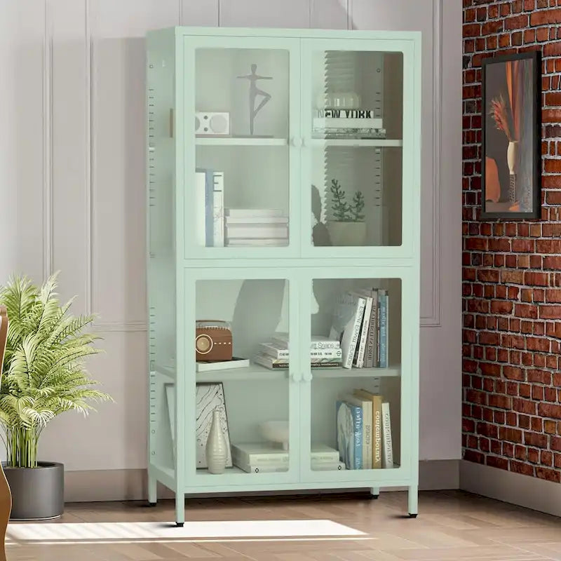 Modern Minimalist 3-Sided Tempered Glass Storage Cabinet with Four Cabinet Doors