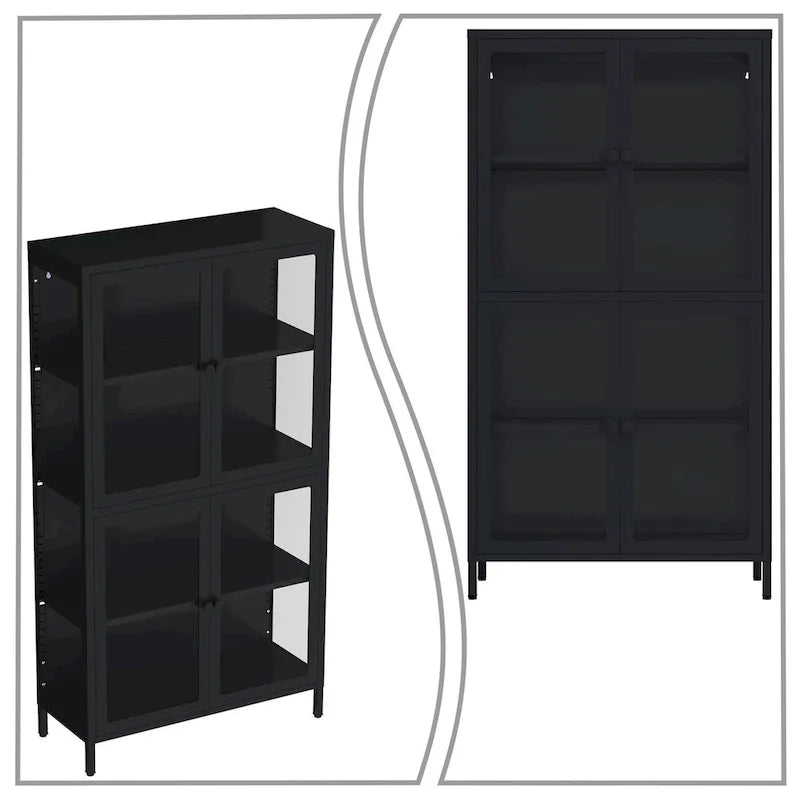 Modern Minimalist 3-Sided Tempered Glass Storage Cabinet with Four Cabinet Doors